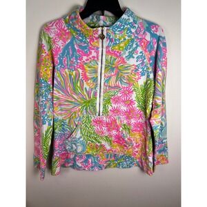 Lilly Pulitzer Quarter Zip Pullover Sweatshirt Coral Reef Print Women's M